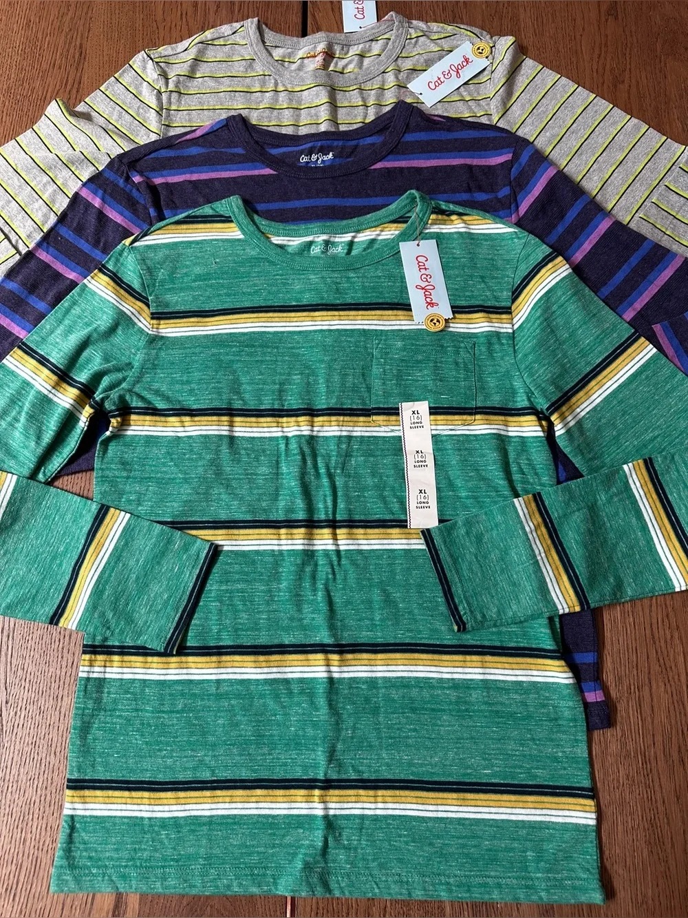 🔥3 FOR $25🔥 Cat & Jack BUNDLE OF 3 Striped Tees Long Sleeve Size X-LARGE (16)
